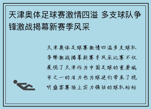 天津奥体足球赛激情四溢 多支球队争锋激战揭幕新赛季风采