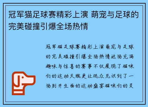 冠军猫足球赛精彩上演 萌宠与足球的完美碰撞引爆全场热情